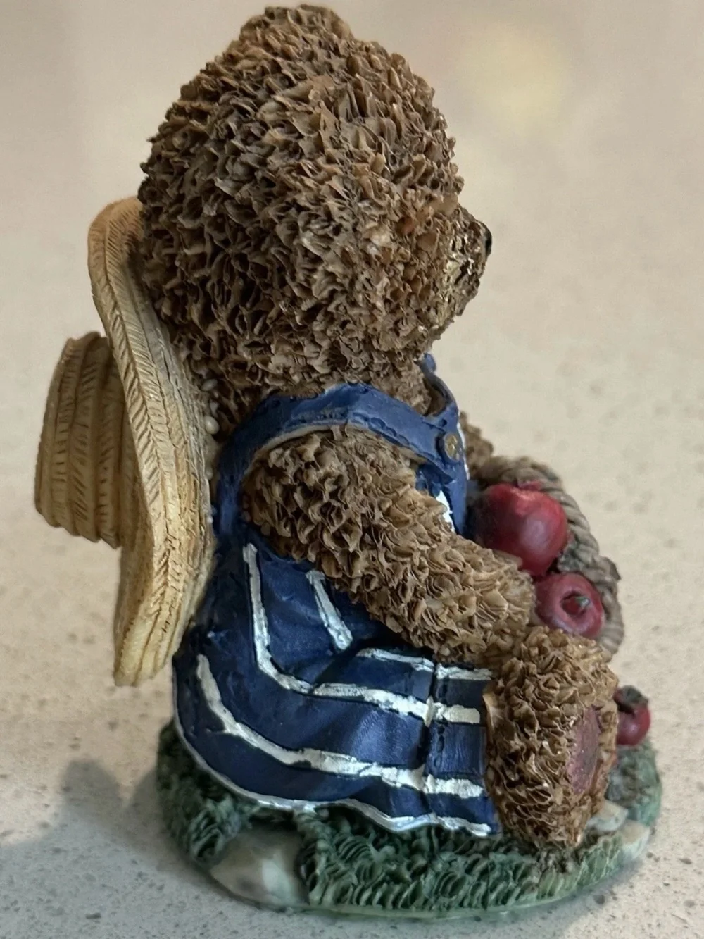 Brown Bear Figurine with Blue Striped Overalls & Apple Basket